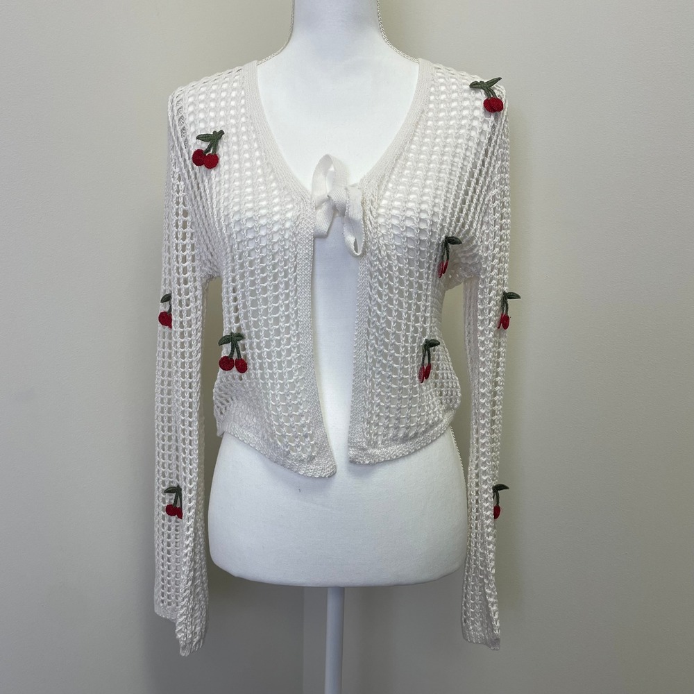 NWT No Comment White Cherry Crochet Knit Cardigan L Tie Front Mesh Top